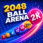 The fast-merging 3D game 2048 Ball Arena. Moving a ball over the field, gathering numbered balls, and merging matching values increases the grid numbers.